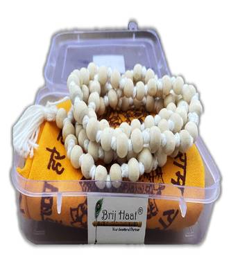 BRIJ HAAT Rosary White Tulsi Mala 108+1 Beads with Cotton Gaumukhi Japa Bag 1