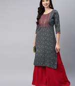 Grey embroidered cotton ethnic-kurtis