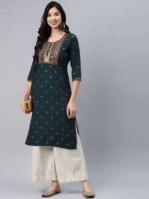Dark-green printed cotton ethnic-kurtis 1