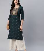 Dark-green printed cotton ethnic-kurtis