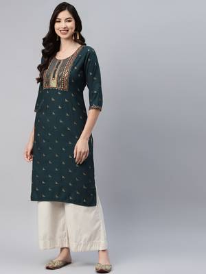 Dark-green printed cotton ethnic-kurtis 2