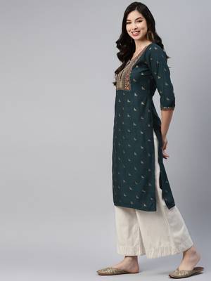 Dark-green printed cotton ethnic-kurtis 3