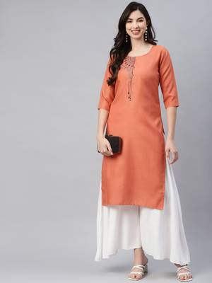 Orange embroidered cotton ethnic-kurtis 1
