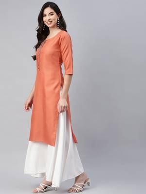 Orange embroidered cotton ethnic-kurtis 3
