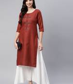 Maroon embroidered cotton ethnic-kurtis