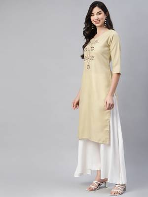 Beige embroidered cotton ethnic-kurtis 3