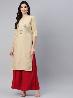 Beige embroidered cotton ethnic-kurtis 1