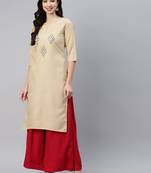 Beige embroidered cotton ethnic-kurtis
