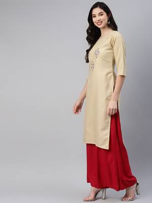 Beige embroidered cotton ethnic-kurtis 3