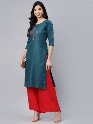 Dark-green embroidered cotton ethnic-kurtis 1