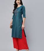 Dark-green embroidered cotton ethnic-kurtis