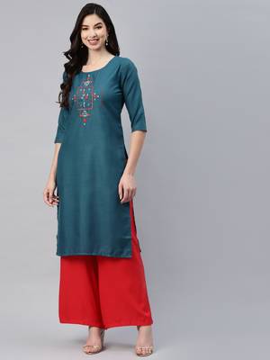Dark-green embroidered cotton ethnic-kurtis 2