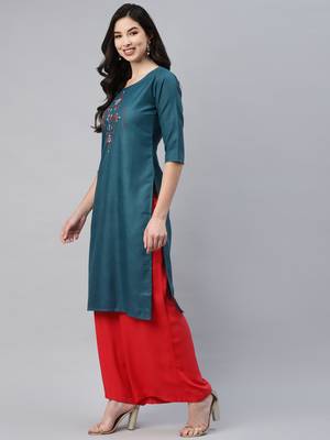 Dark-green embroidered cotton ethnic-kurtis 3