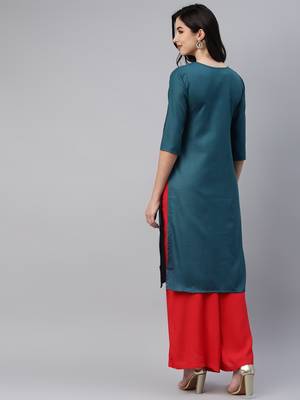 Dark-green embroidered cotton ethnic-kurtis 4