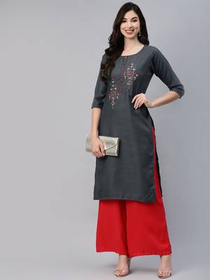 Grey embroidered cotton ethnic-kurtis 1