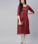 Maroon embroidered cotton ethnic-kurtis