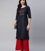 Navy-blue embroidered cotton ethnic-kurtis