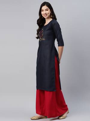 Navy-blue embroidered cotton ethnic-kurtis 3