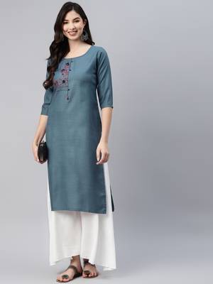Blue embroidered cotton ethnic-kurtis 1