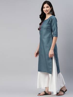 Blue embroidered cotton ethnic-kurtis 3