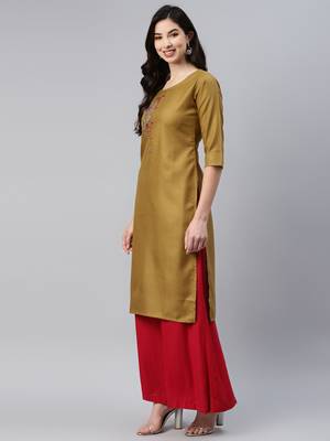 Mustard embroidered cotton ethnic-kurtis 3