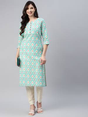 Turquoise printed cotton ethnic-kurtis 1