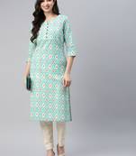 Turquoise printed cotton ethnic-kurtis