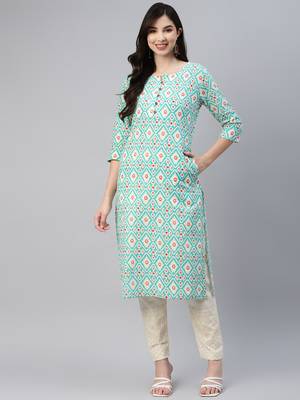 Turquoise printed cotton ethnic-kurtis 2