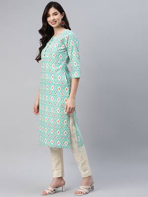 Turquoise printed cotton ethnic-kurtis 3