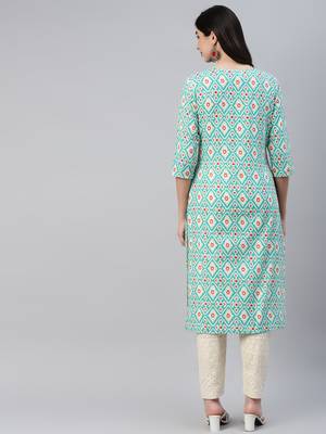 Turquoise printed cotton ethnic-kurtis 4