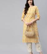Yellow printed cotton ethnic-kurtis