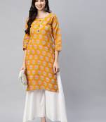 Yellow printed cotton ethnic-kurtis