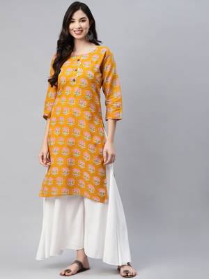Yellow printed cotton ethnic-kurtis 2