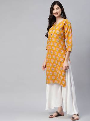 Yellow printed cotton ethnic-kurtis 3