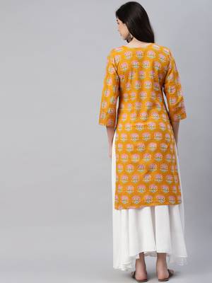 Yellow printed cotton ethnic-kurtis 4