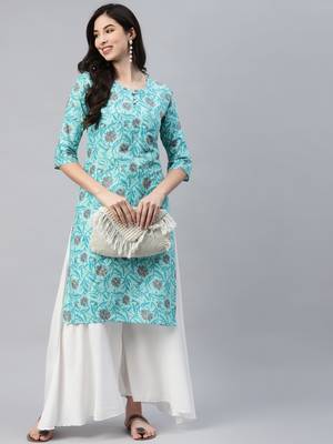 Turquoise printed cotton ethnic-kurtis 1