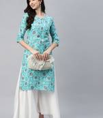Turquoise printed cotton ethnic-kurtis
