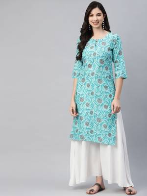 Turquoise printed cotton ethnic-kurtis 2