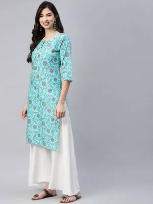 Turquoise printed cotton ethnic-kurtis 3