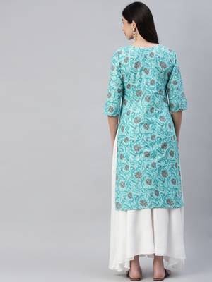 Turquoise printed cotton ethnic-kurtis 4