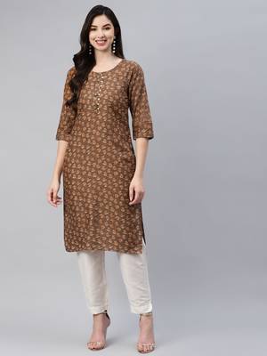 Brown printed cotton ethnic-kurtis 2