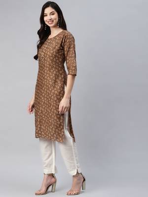 Brown printed cotton ethnic-kurtis 3