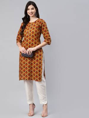 Mustard printed cotton ethnic-kurtis 1