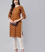 Mustard printed cotton ethnic-kurtis