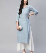 Turquoise printed cotton ethnic-kurtis