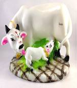 Big size Polyresin kamdhenu Cow and Calf Showpiece Decorative Gift Item (White)