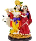 Polyresin Radha Krishna with Cow Playing Flute Showpiece Big @21cm (Multi)