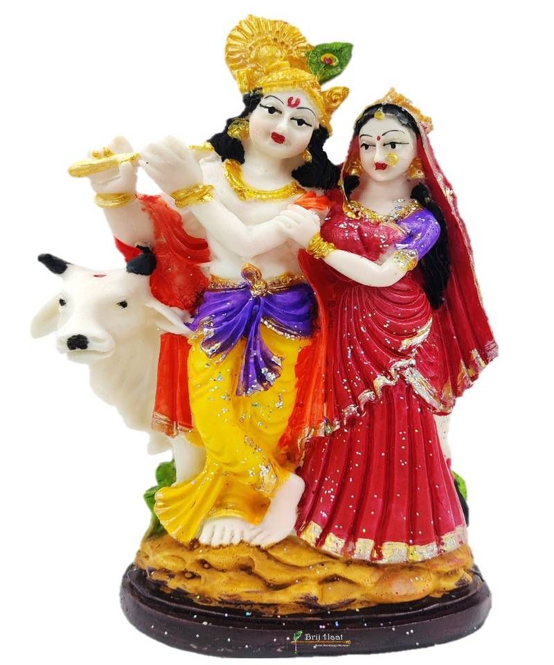 Polyresin Radha Krishna with Cow Playing Flute Showpiece Big @21cm (Multi)