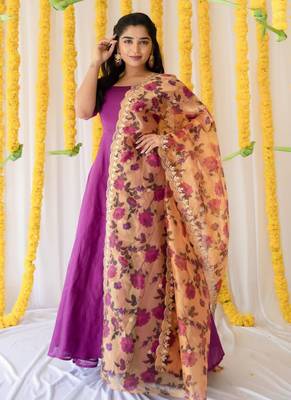 Purple Rayon Designer Gown With organza Dupatta 1