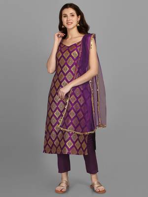 Women's Silk Blend Woven Design Kurta with Pant and Dupatta Set 1
